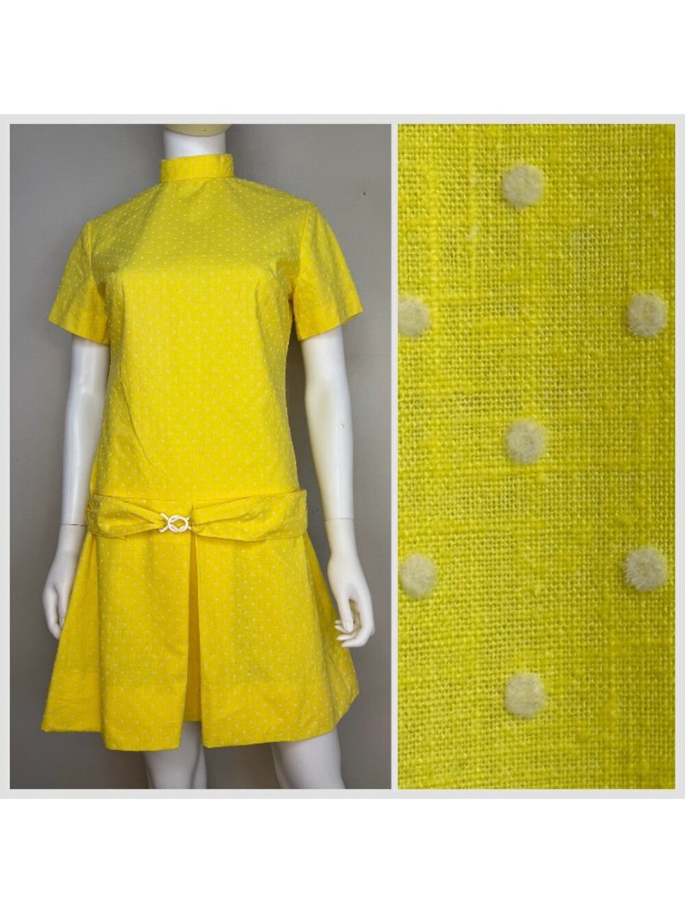 Vintage 1960s Yellow Swiss Dot Drop Waist Mini Dress, Handmade Size S/M